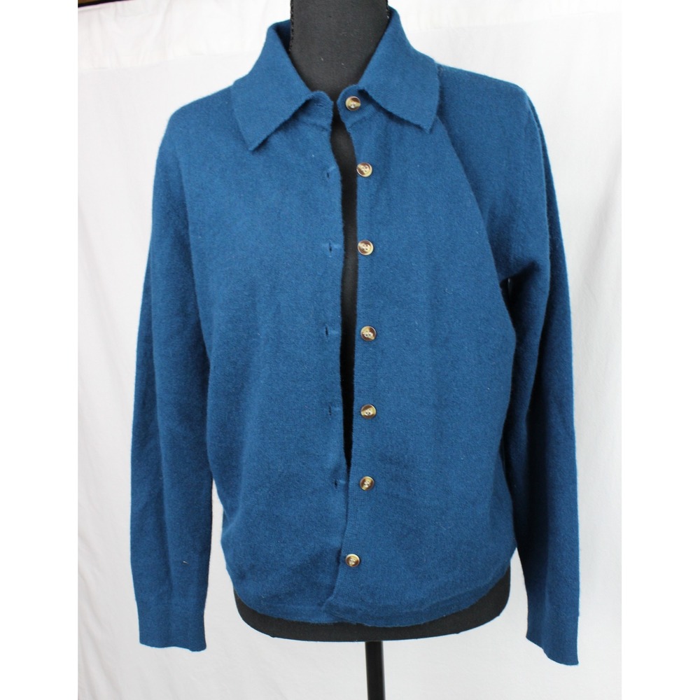 Vintage Teal Blue Button Front Collared Cardigan‎ Sweater Long Sleeve Knit Top S